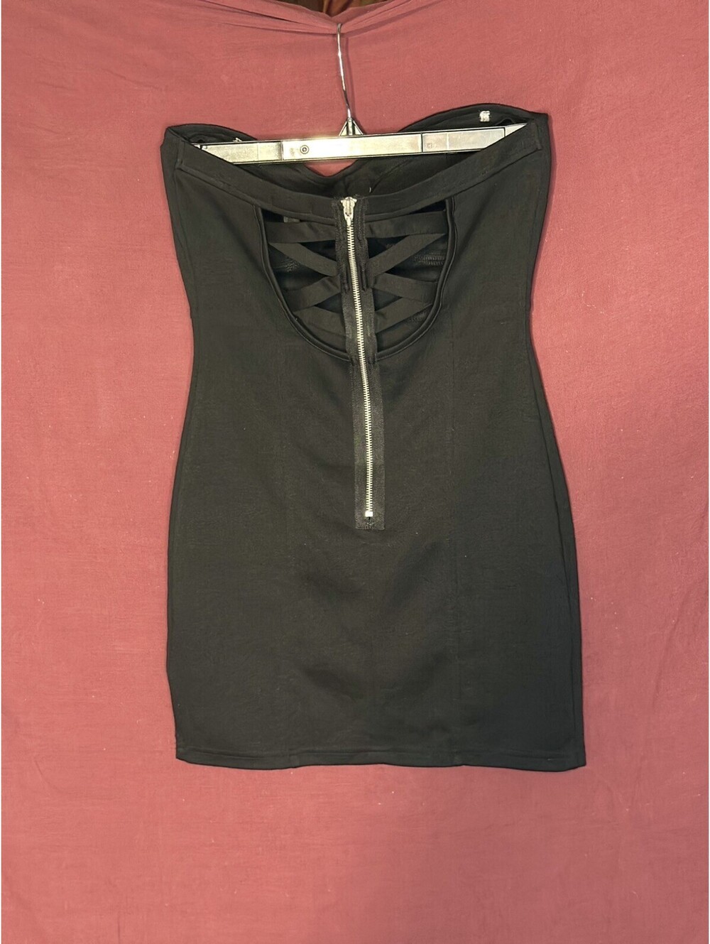 GUESS Strapless Bodycon Dress M Black Cutout Caged Back Sweetheart Mini Bustier